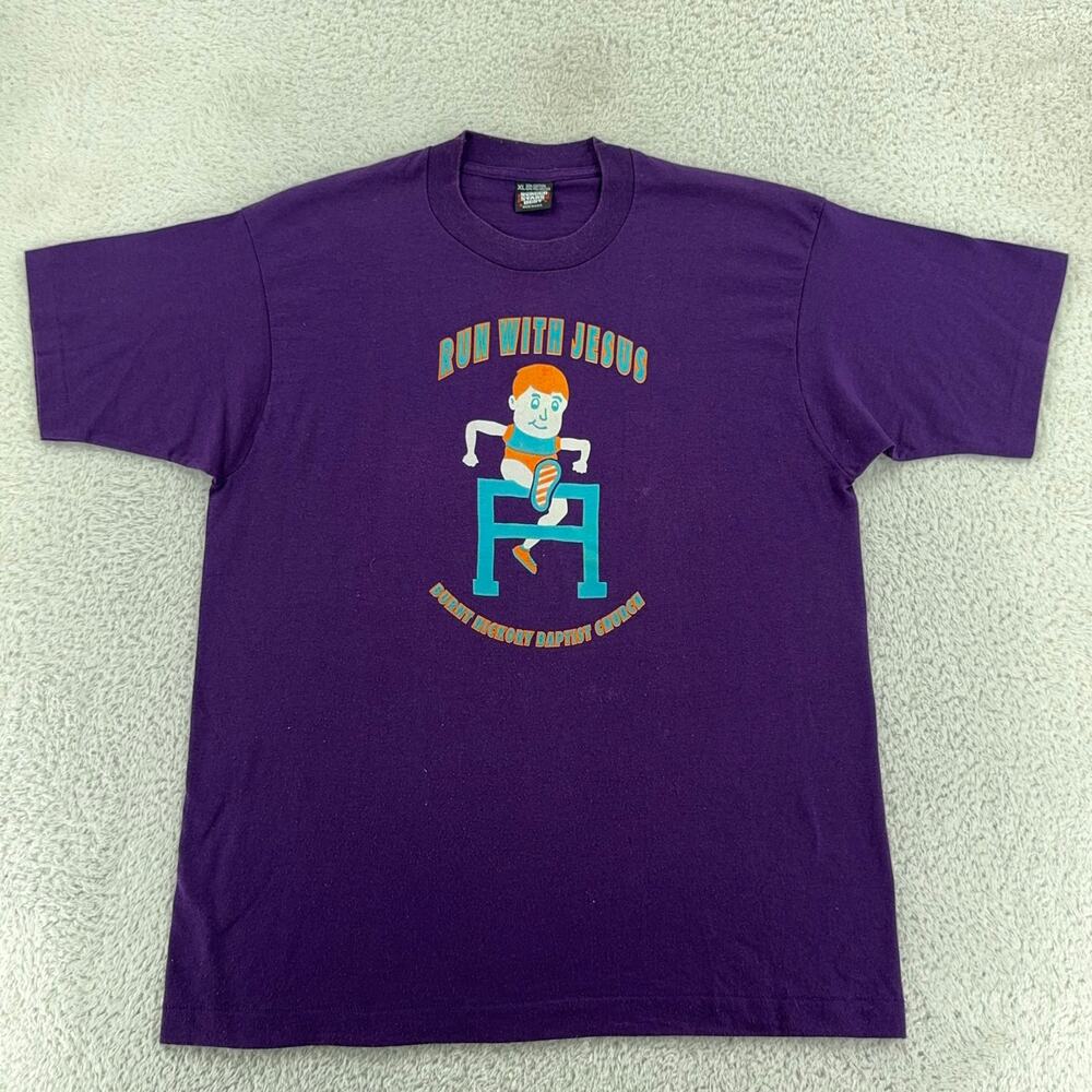 Vintage Run With Jesus Purple T-Shirt L Made in USA Christian Graphic Tee - Picture 2 of 8